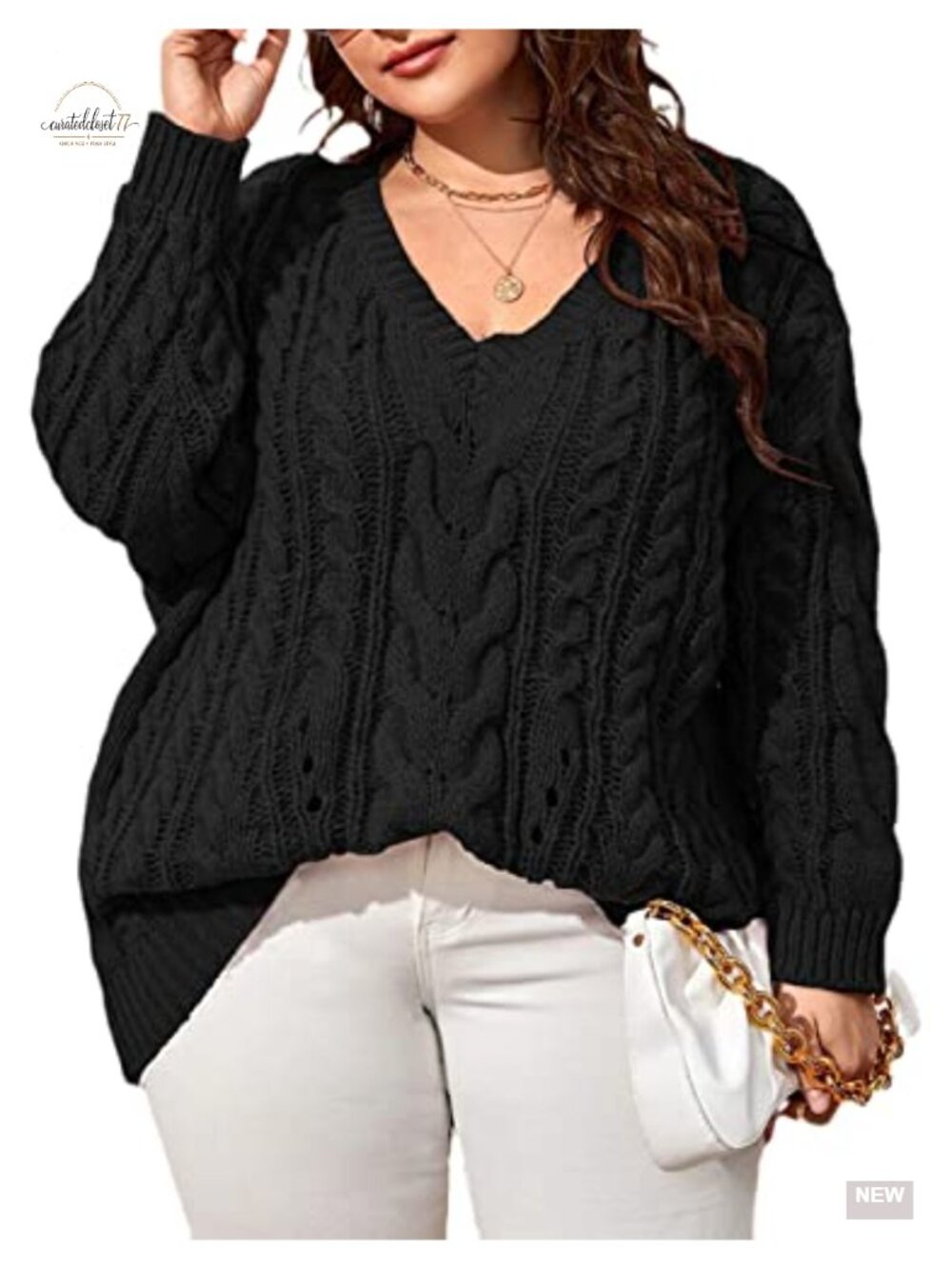 Plus Size Chunky Cable Knit V-Neck Pullover Sweater Long Sleeve Loose